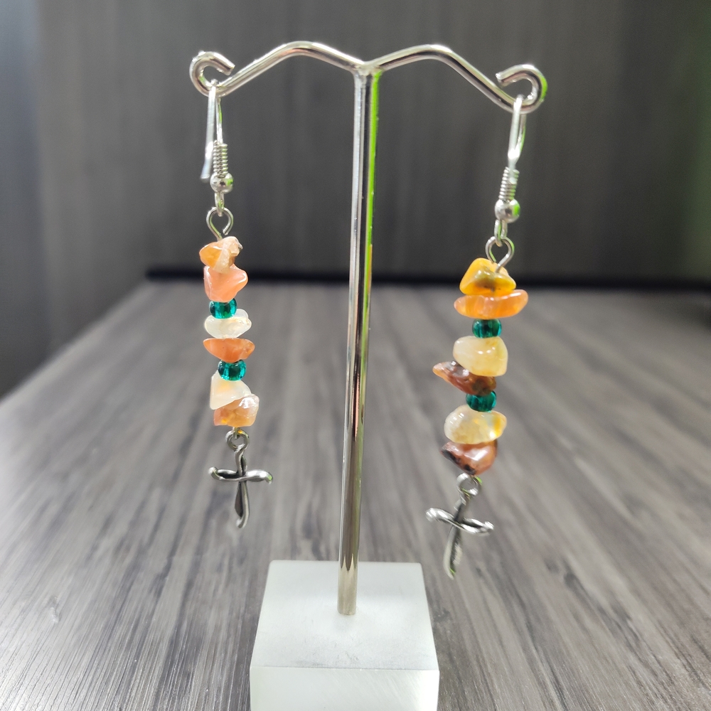Elegant Cross And Natural Stone Dangle Earrings